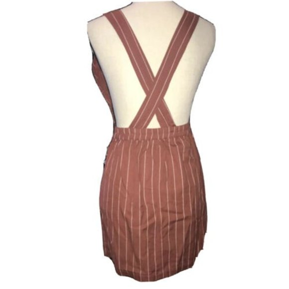 Japna Striped Linen Blend Dress Vintage Overall Feel Crisscross Back Pinafore M - Picture 4 of 11